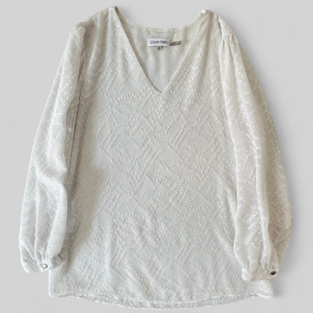 Calvin Klein Women's White Top Long Sleeves V Neck Size-XS Blouse